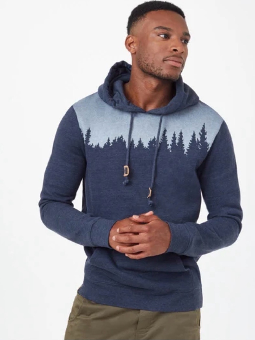 tentree Men's Juniper Navy Hoodie with Light Blue Tree Skyline